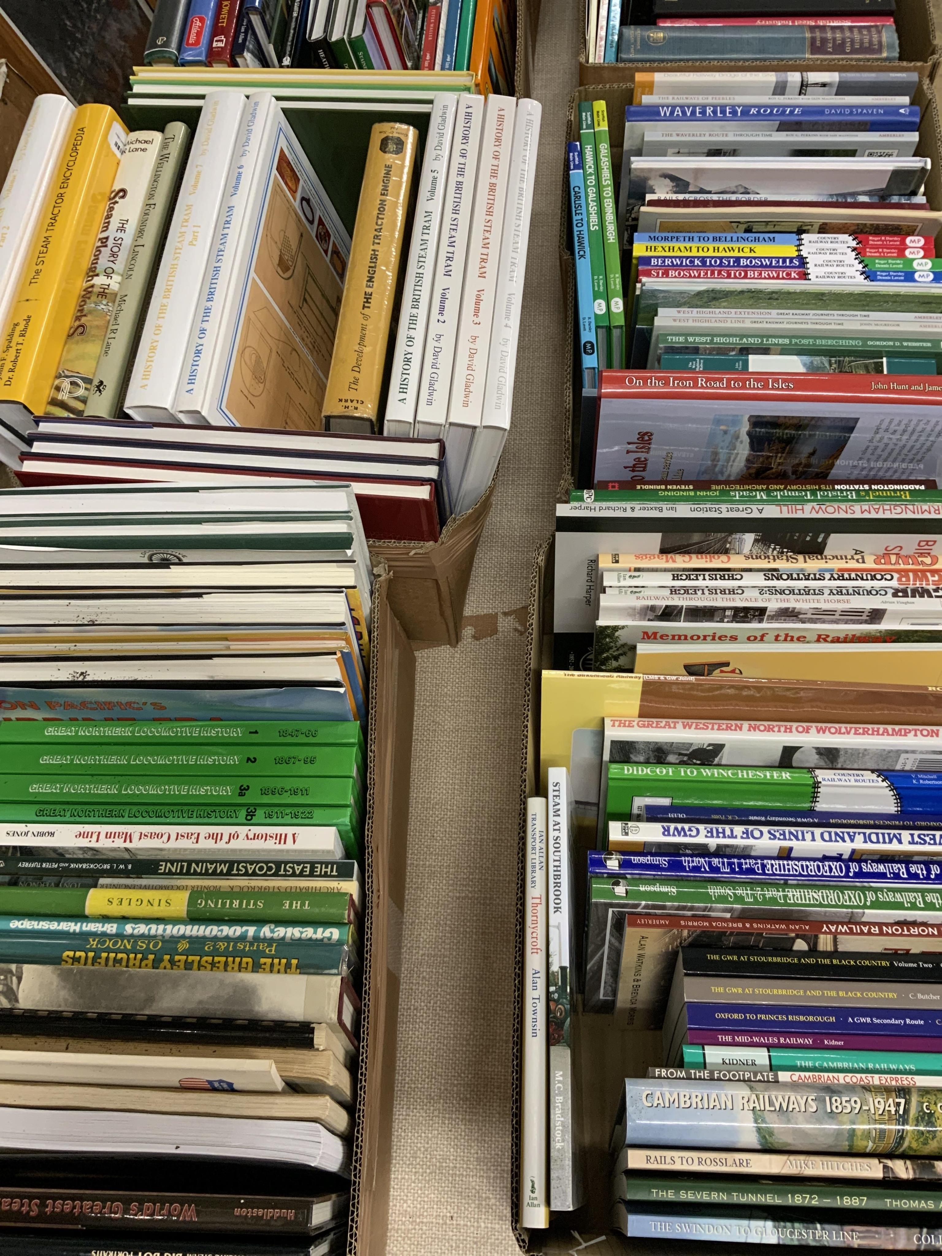 Eight boxes of railway related books, etc. subjects include; Indian railways, United States railways, Great Western Railway, steam trams, Union Pacific Railway, etc. publishers include; Middleton Press, Ian Allan, David